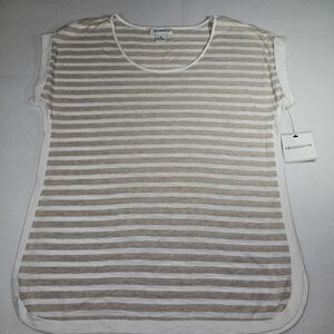 Women's Liz Claiborne Beige & White Striped Cap Sleeve Top Size Medium NWT